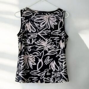 George Shiny Black And Cream Floral Tank Blouse Size Medium